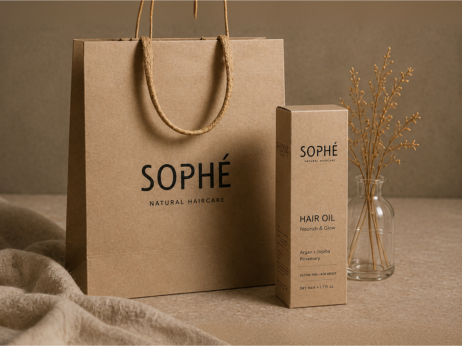 SOPHÉ - torba papierowa i pudełko olejku do włosów